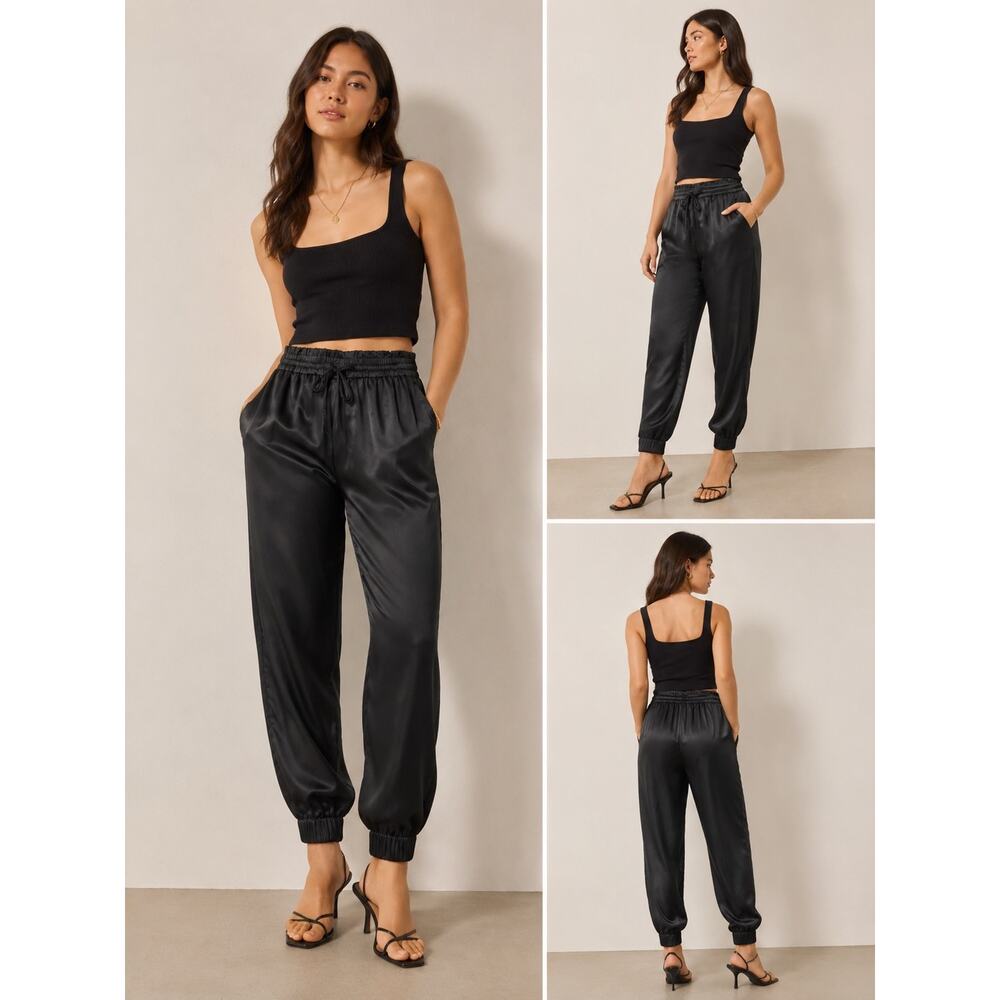 Abercrombie & Fitch Black Satin Jogger Pants M Elastic Waist Luxe Trousers Chic